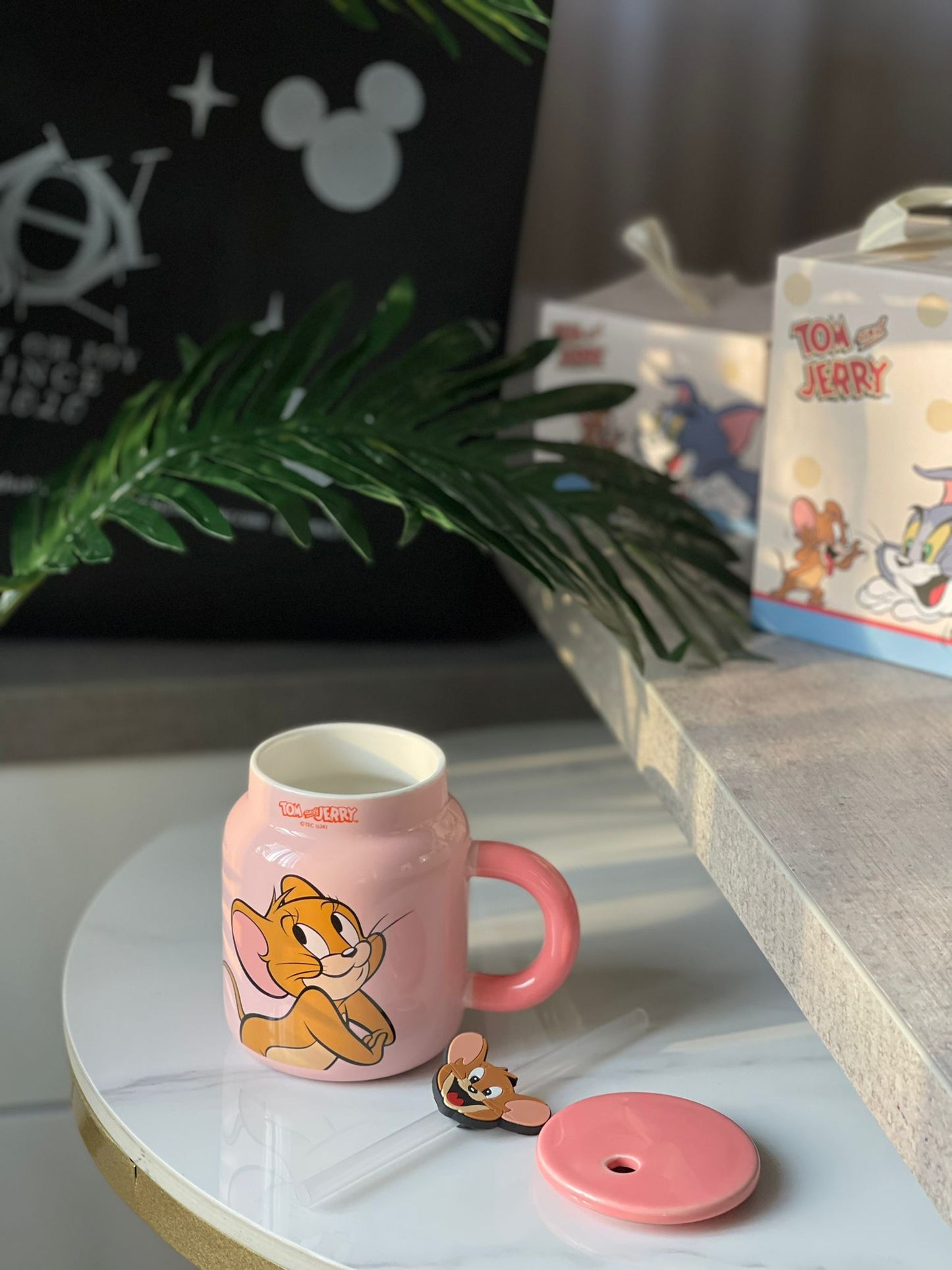 Tom & Jerry Pink Ceramic Mug + Character Face Straw