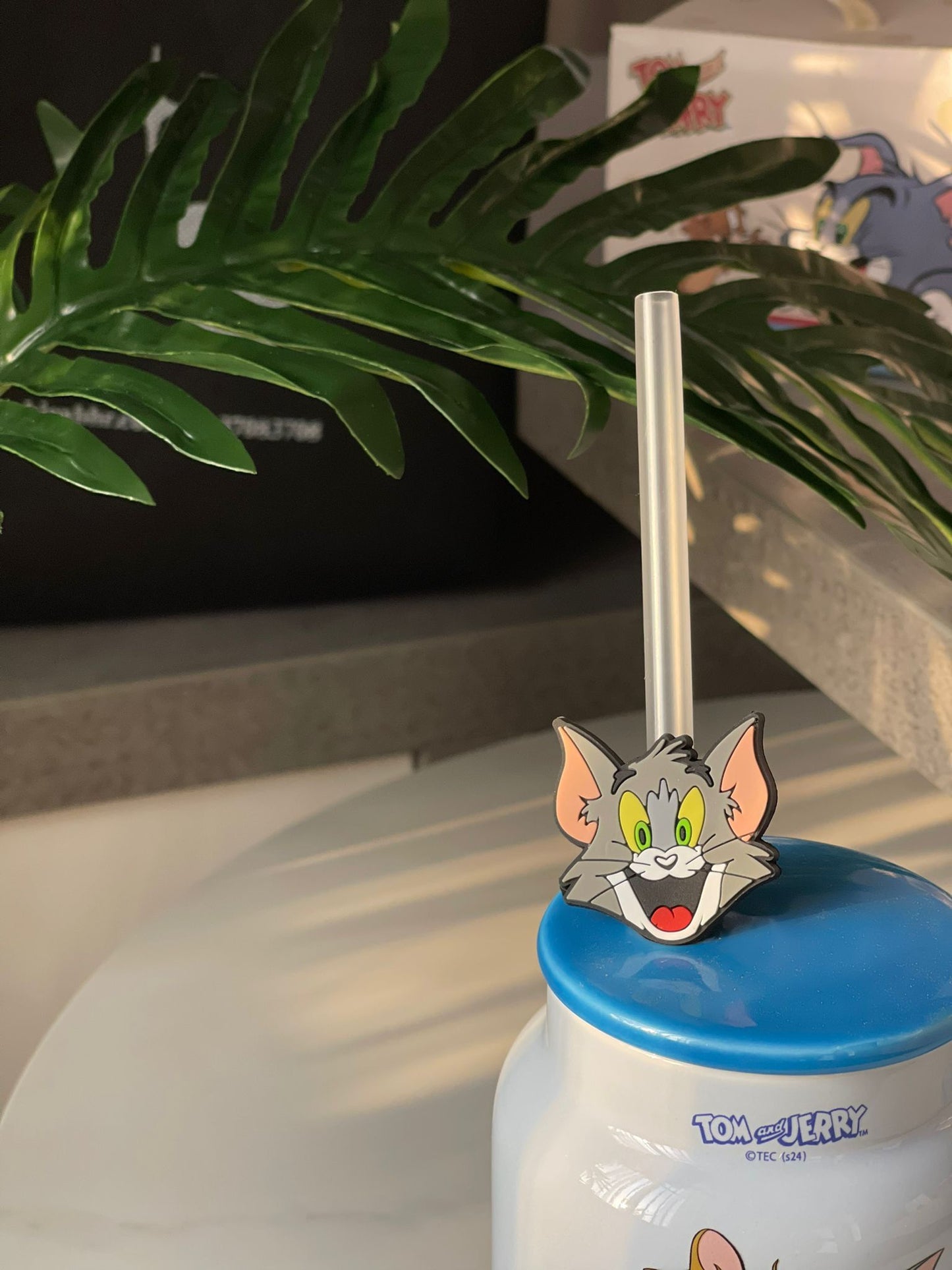 Tom & Jerry Blue Ceramic Mug + Character Face Straw