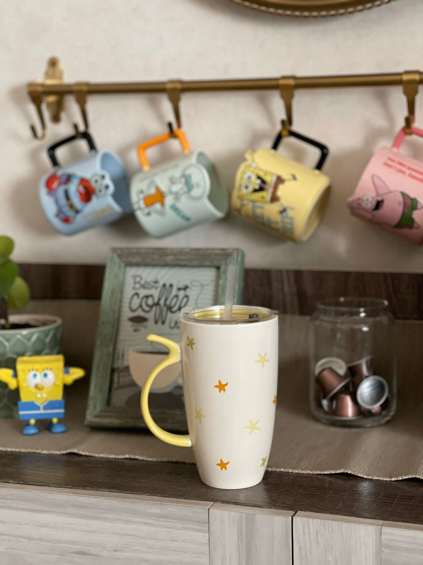 Spongebob Yellow Ceramic Latte Mug + Lid & Straw