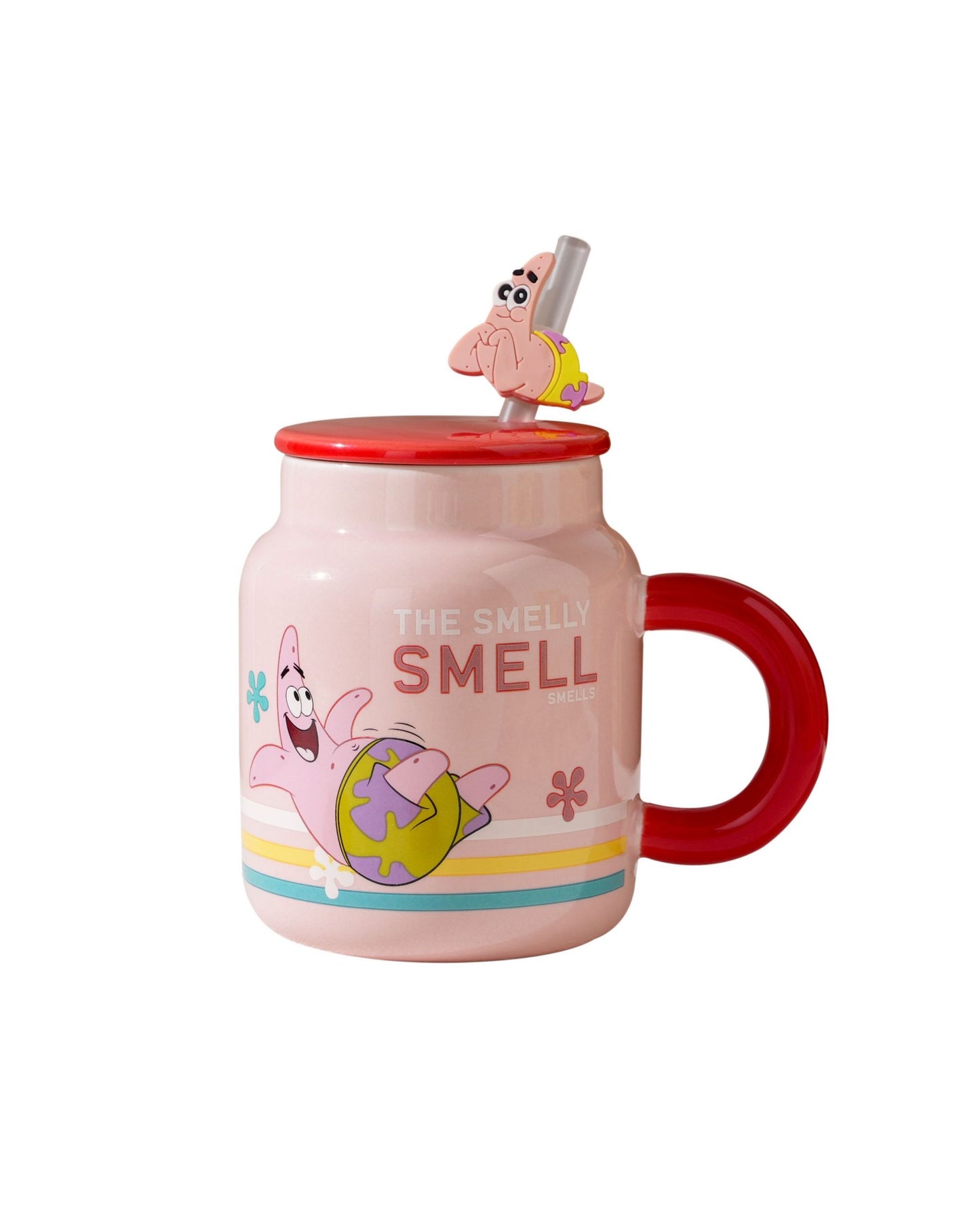 Spongebob Pink Ceramic Mug + Character Face Straw & Lid