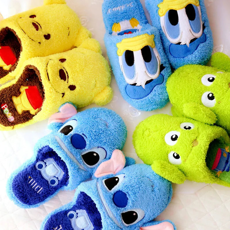 Disney Cartoon Plush Slippers Xmas Autumn And Winter Creative Alien Stitch Winnie The Pooh Soft Home Slippers 35-38 Yards Unisex