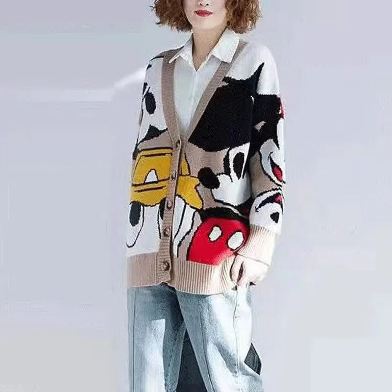 Disney Mickey Cardigan Anime Cartoon Sweater Women's Coat Long Sleeved Loose Knitwear Cute Top Outdoor Clothing Gift Girl