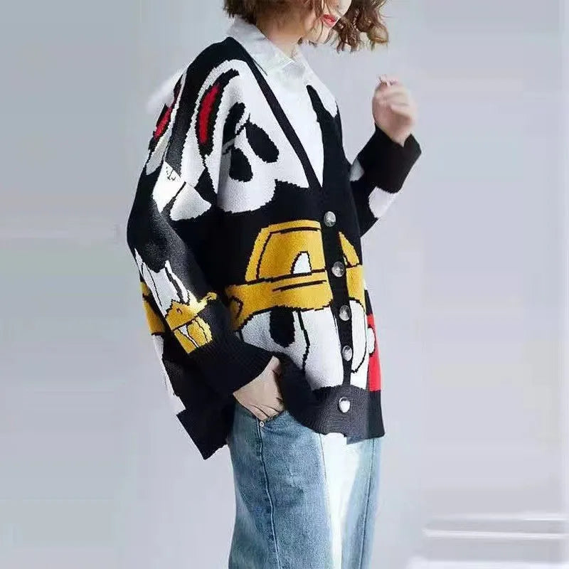 Disney Mickey Cardigan Anime Cartoon Sweater Women's Coat Long Sleeved Loose Knitwear Cute Top Outdoor Clothing Gift Girl