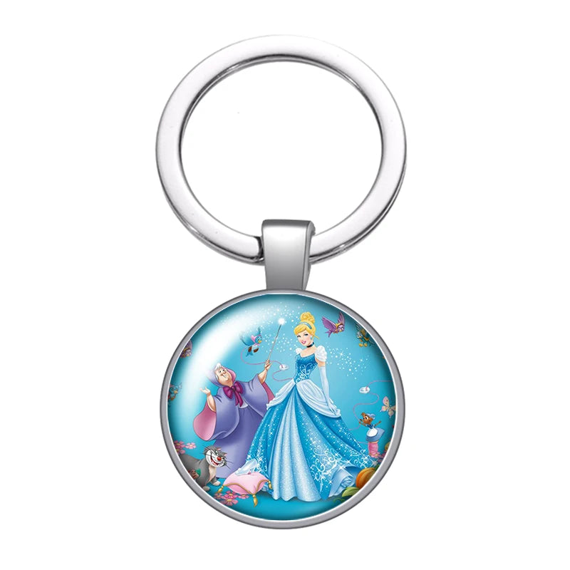 Disney Beauty Princess Cinderella magic Photo glass cabochon keychain Bag Car key chain Ring Holder Charms keychains gift