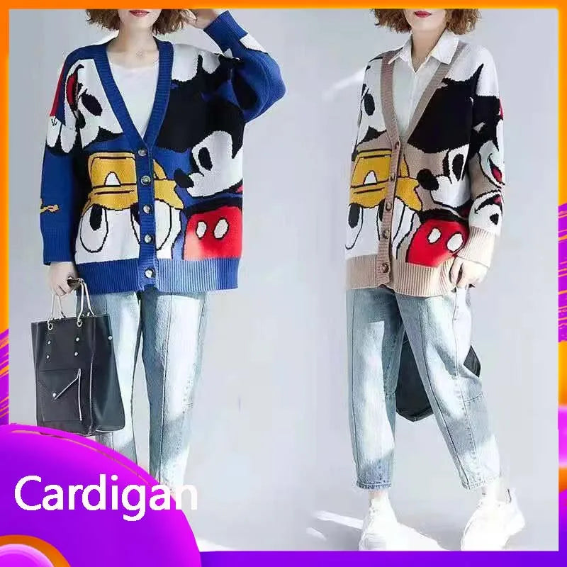 Disney Mickey Cardigan Anime Cartoon Sweater Women's Coat Long Sleeved Loose Knitwear Cute Top Outdoor Clothing Gift Girl