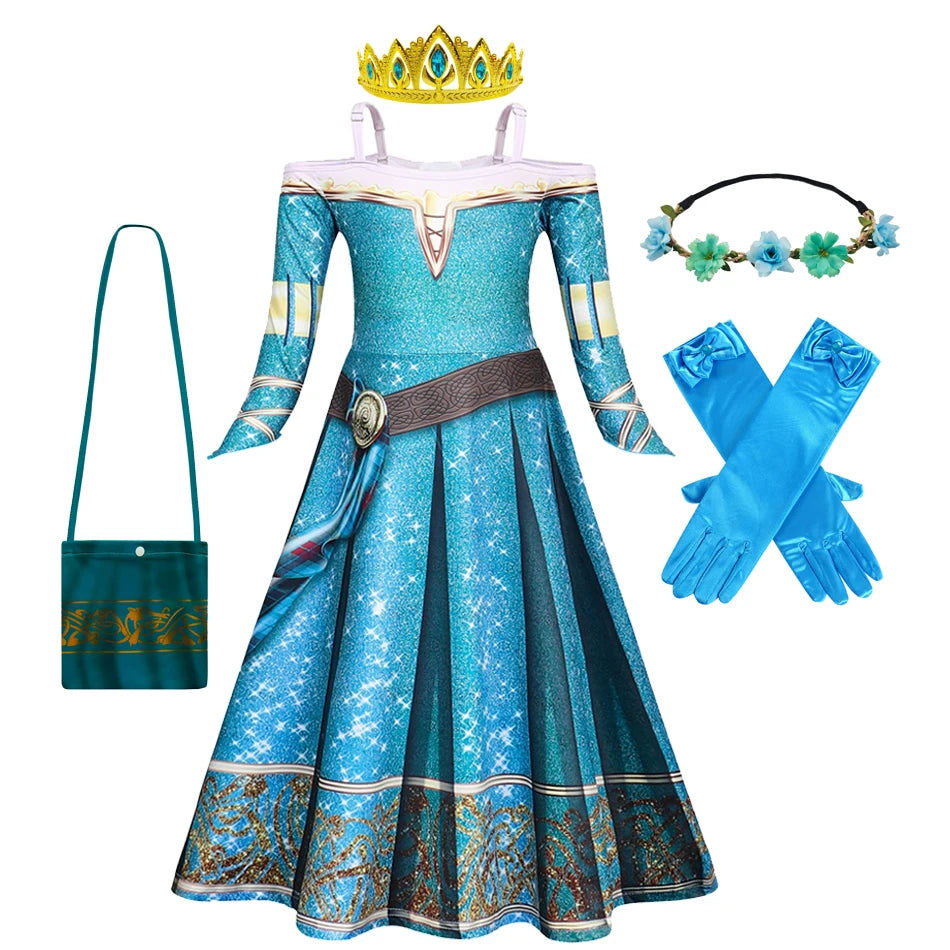 Merida Cosplay Dress for Kid Girl Brave Halloween Off Shoulder Long Sleeves Christmas Party Costume 2-10T