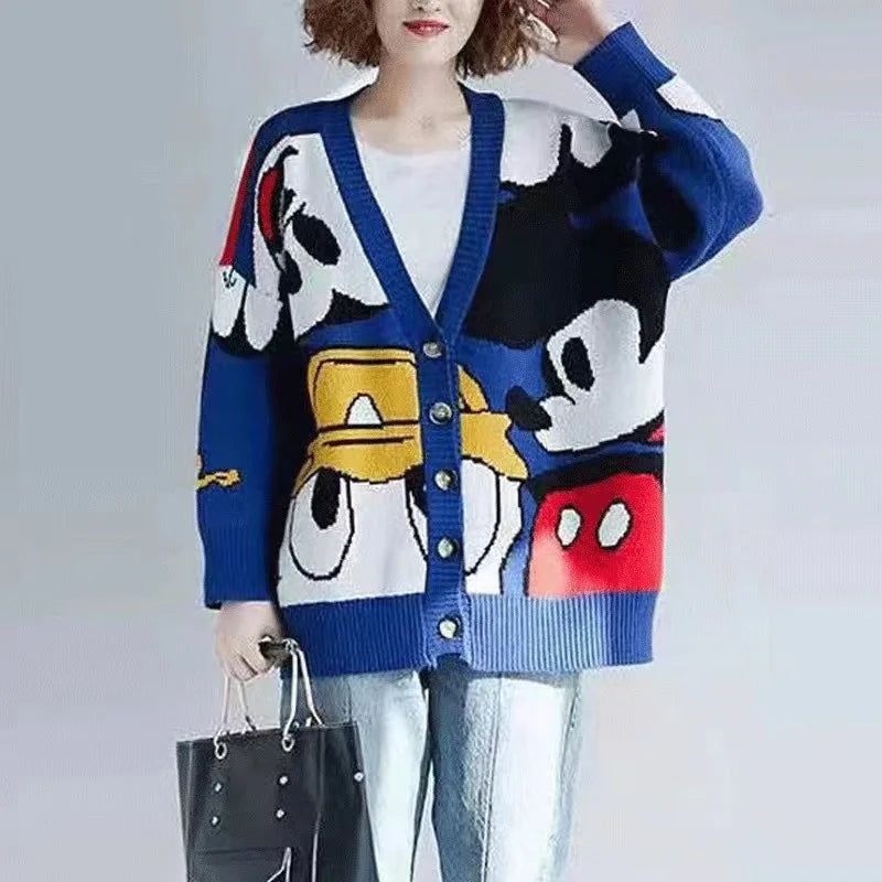 Disney Mickey Cardigan Anime Cartoon Sweater Women's Coat Long Sleeved Loose Knitwear Cute Top Outdoor Clothing Gift Girl