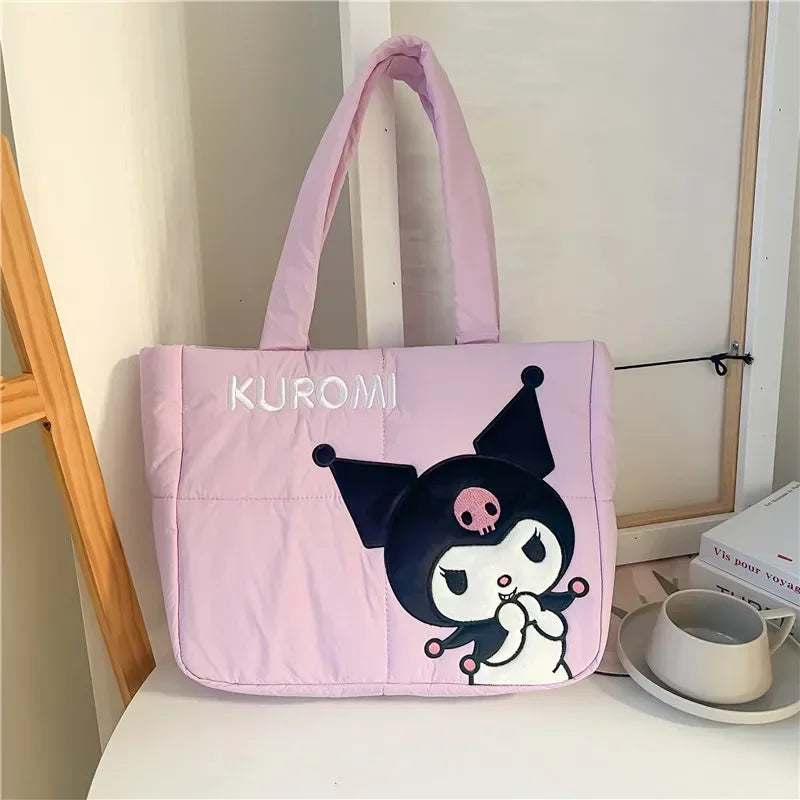 Disney Sanrio Cartoon Fabric Kuromi Handbag Cute Stationery Shoulder Bag Large Capacity Bag 2024