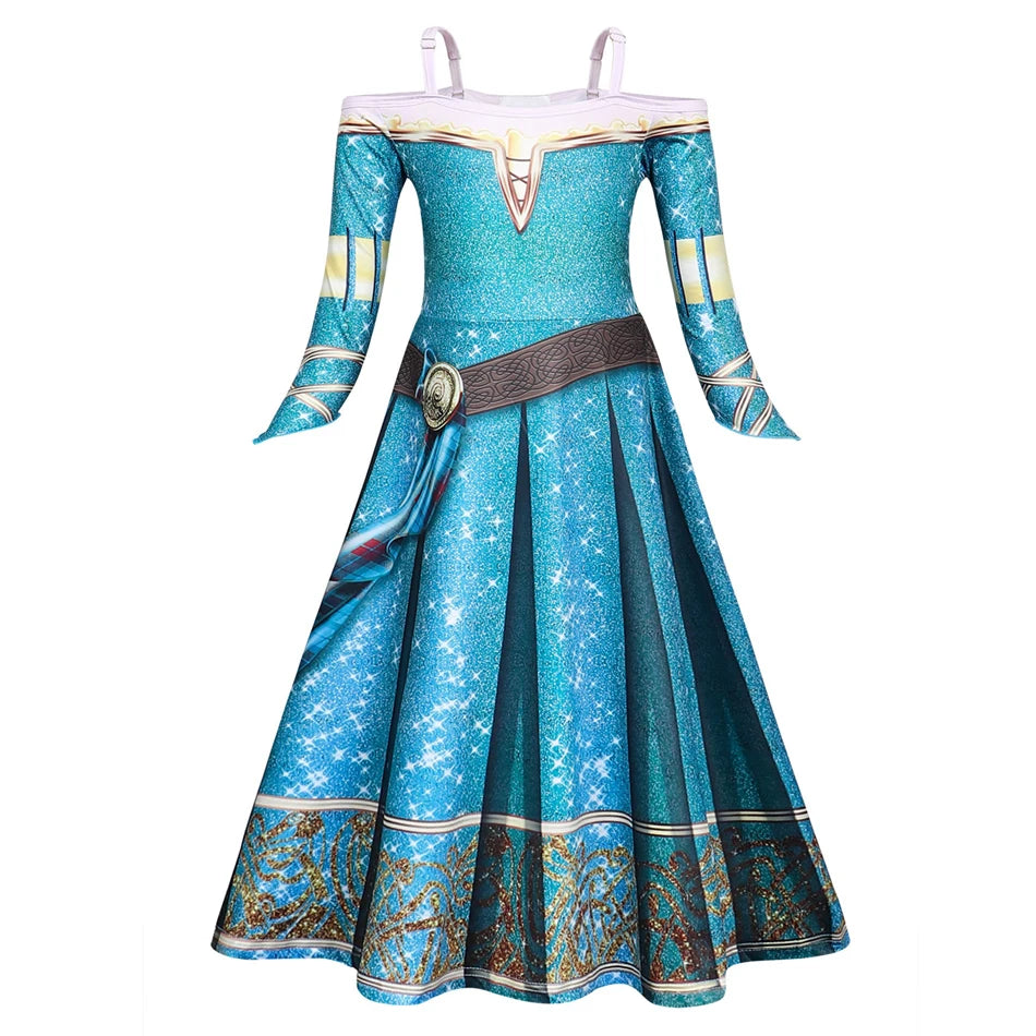 Merida Cosplay Dress for Kid Girl Brave Halloween Off Shoulder Long Sleeves Christmas Party Costume 2-10T