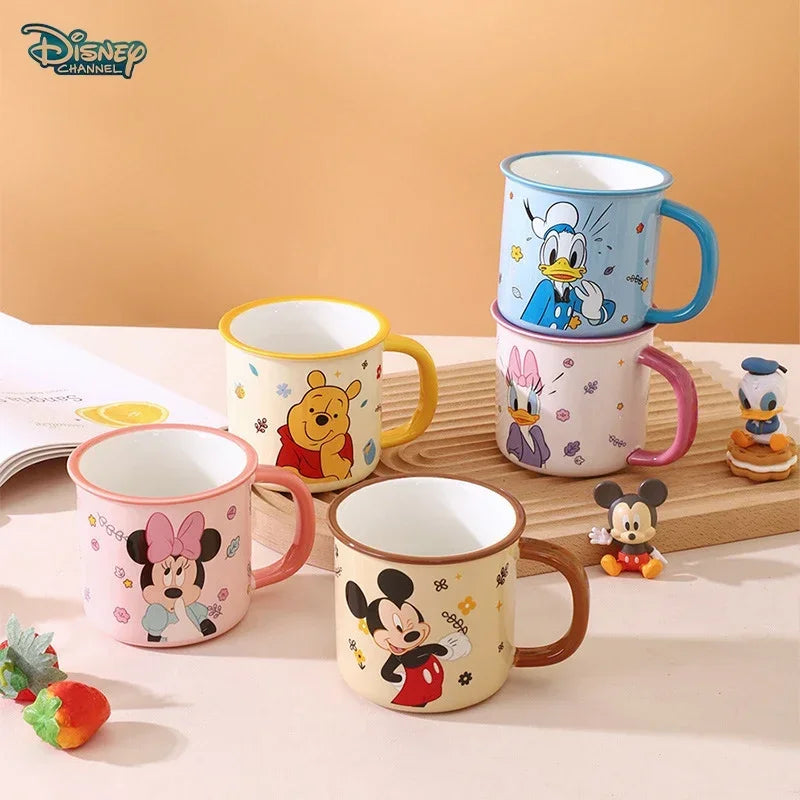 Disney 2024 New Children's Fun Mug Home Milk Water Cup Children's Ceramic Winnie Mickey Drinking Cup Handle Cup Authentic 350ml