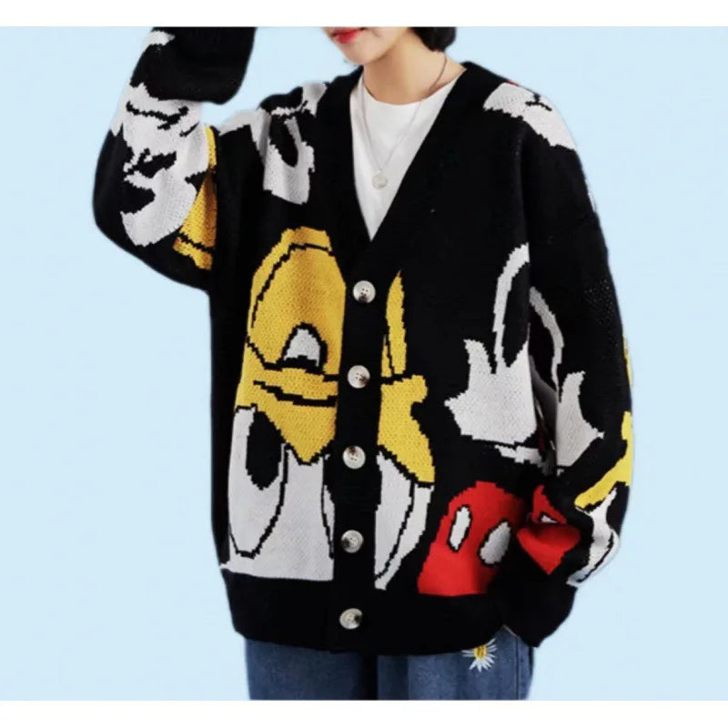 Disney Mickey Cardigan Anime Cartoon Sweater Women's Coat Long Sleeved Loose Knitwear Cute Top Outdoor Clothing Gift Girl