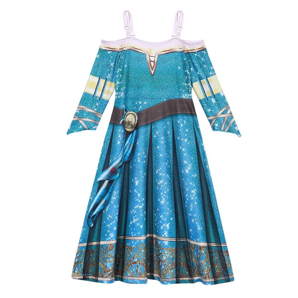 Merida Cosplay Dress for Kid Girl Brave Halloween Off Shoulder Long Sleeves Christmas Party Costume 2-10T