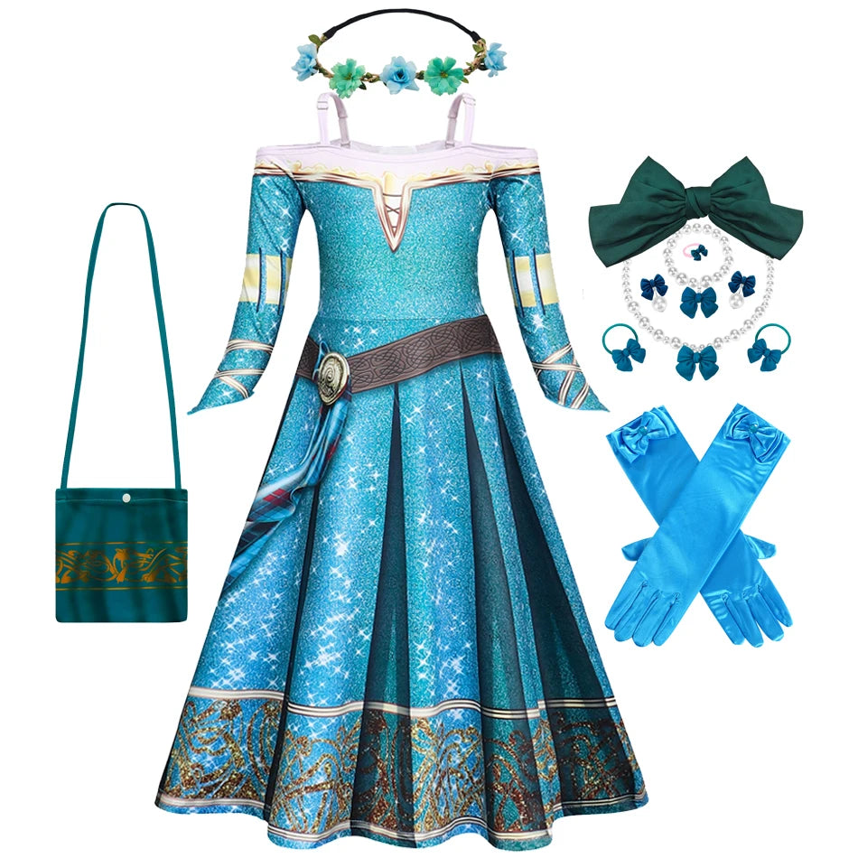 Merida Cosplay Dress for Kid Girl Brave Halloween Off Shoulder Long Sleeves Christmas Party Costume 2-10T