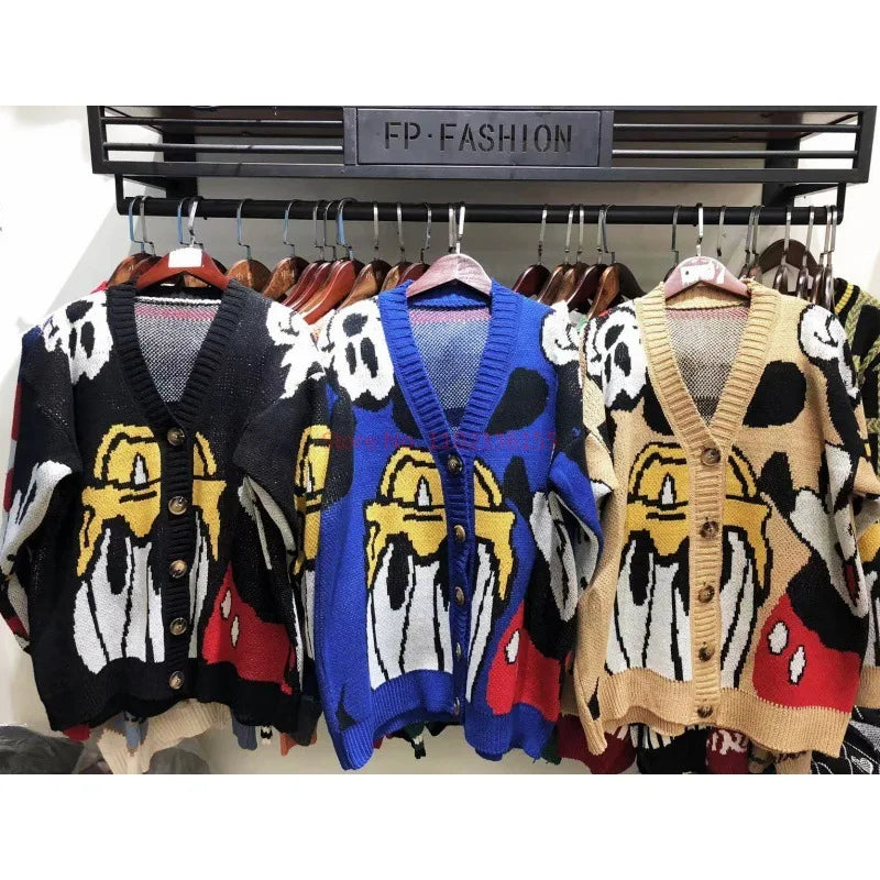 Disney Mickey Cardigan Anime Cartoon Sweater Women's Coat Long Sleeved Loose Knitwear Cute Top Outdoor Clothing Gift Girl