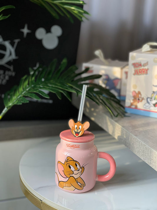 Tom & Jerry Pink Ceramic Mug + Character Face Straw