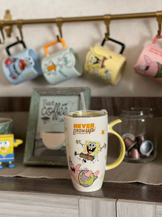 Spongebob Yellow Ceramic Latte Mug + Lid & Straw