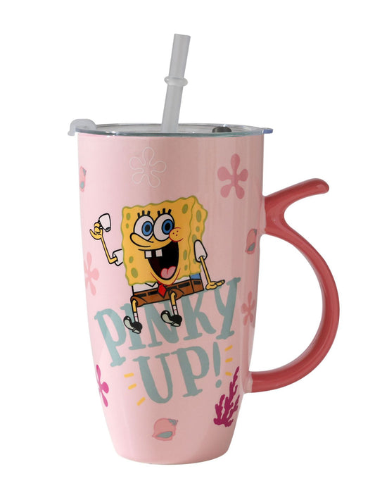 Spongebob Pink Ceramic Latte Mug + Lid & Straw