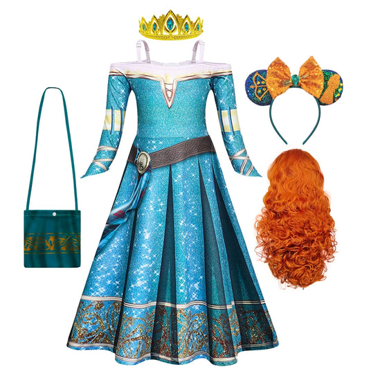 Merida Cosplay Dress for Kid Girl Brave Halloween Off Shoulder Long Sleeves Christmas Party Costume 2-10T