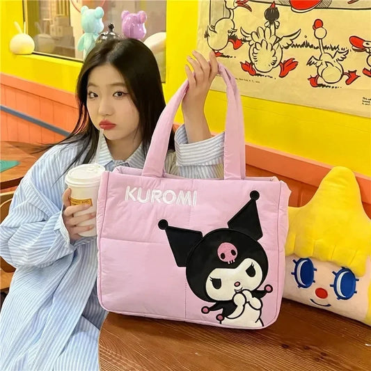 Disney Sanrio Cartoon Fabric Kuromi Handbag Cute Stationery Shoulder Bag Large Capacity Bag 2024