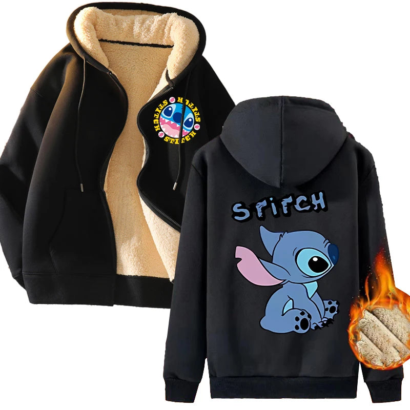 New Stitch Disney Zip Up Hoodie Cute Cartoon Printed Tops Thickened Warm Sweatshirts Women Casual Sports Coat Winter Clothing