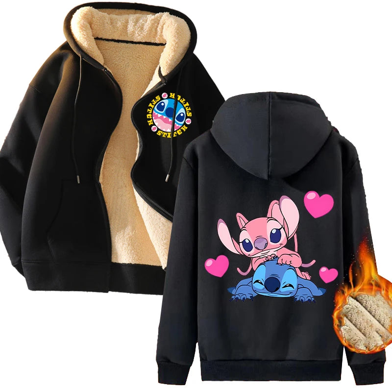 New Stitch Disney Zip Up Hoodie Cute Cartoon Printed Tops Thickened Warm Sweatshirts Women Casual Sports Coat Winter Clothing