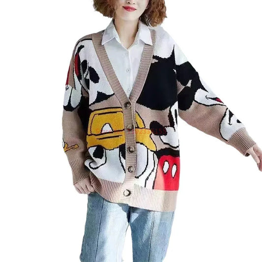 Disney Mickey Cardigan Anime Cartoon Sweater Women's Coat Long Sleeved Loose Knitwear Cute Top Outdoor Clothing Gift Girl