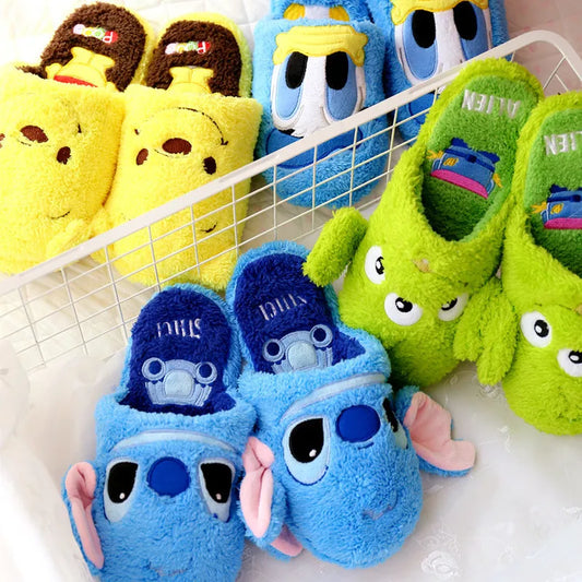 Disney Cartoon Plush Slippers Xmas Autumn And Winter Creative Alien Stitch Winnie The Pooh Soft Home Slippers 35-38 Yards Unisex